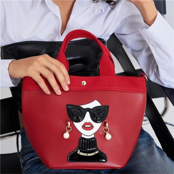 Quirky Lady Face Handbag - PU Leather Satchel, Top Handle Shoulder Bag - Picture 3 of 6